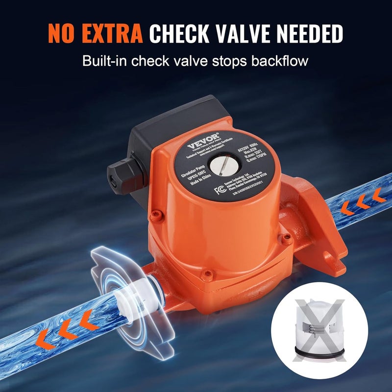 VEVOR مضخة دوران من الحديد الزهر UPS15-58FC بسعة 17 جالون في الدقيقة، فلانج 1" NPT، مضخة إعادة تدوير المياه الساخنة ثلاث سرعات، مضخة دوارة هادئة لتدفئة الأرضيات/نظام سخان المياه المنزلي - Image 3